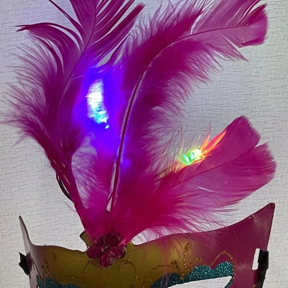 Party Mask Light Up Deep Pink Fuax Feather Masquerade Mask